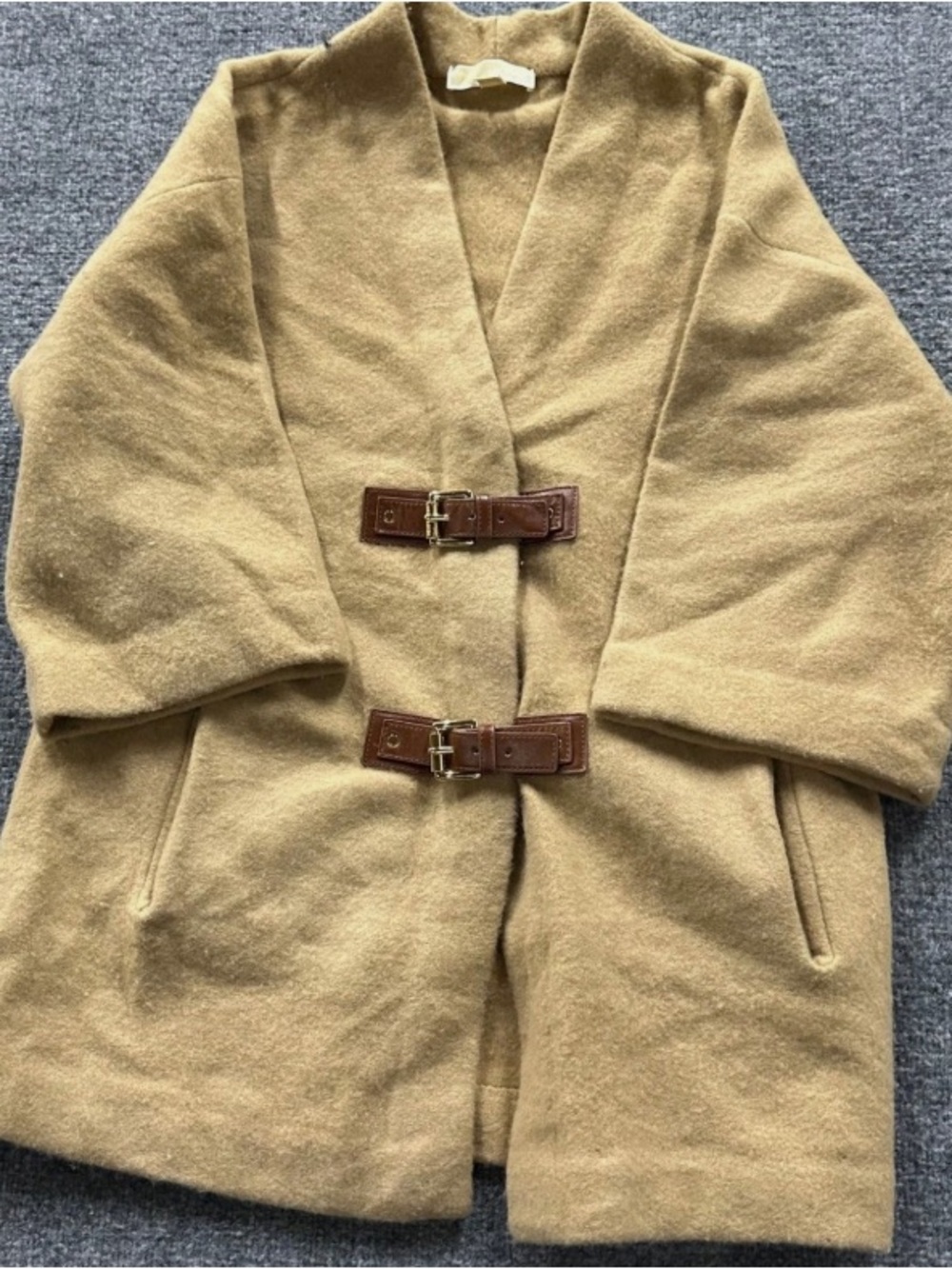 Womens Camel Wool-Blend Coat with Leather Buckle Closures